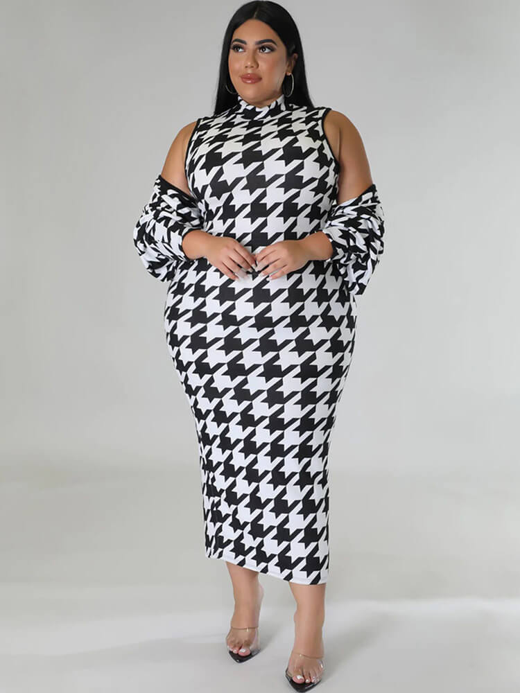 Two Piece Houndstooth Cardigan & Cut Out Midi Dress