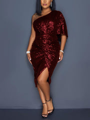 One-Shoulder Sequin Wrap Midi Dress
