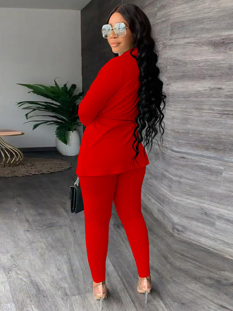 Two Piece Drawstring Blazer Bodycon Long Pants