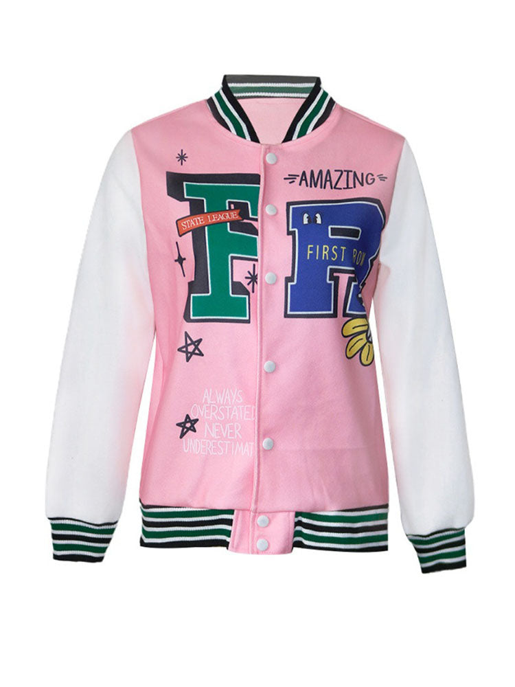 Plus Size Long Sleeves Button Baseball Jacket
