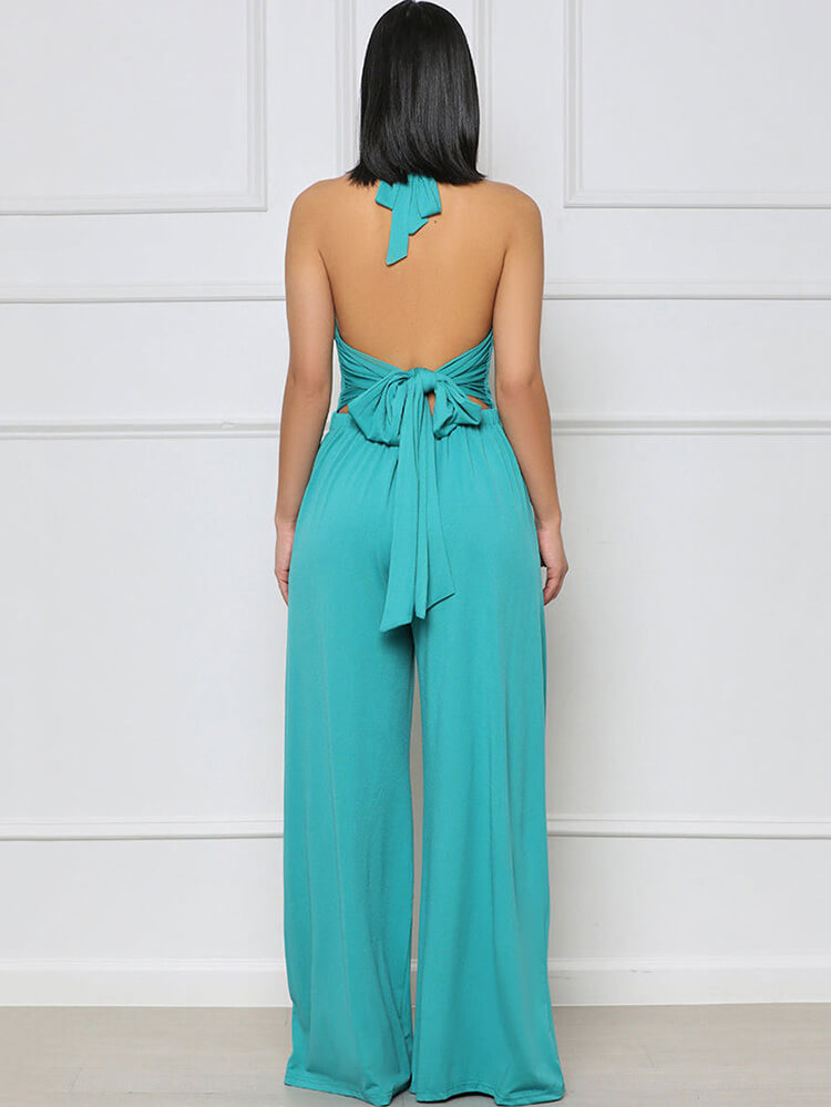 Halter Neck Backless Lace Up Wide Leg Jumpsuit