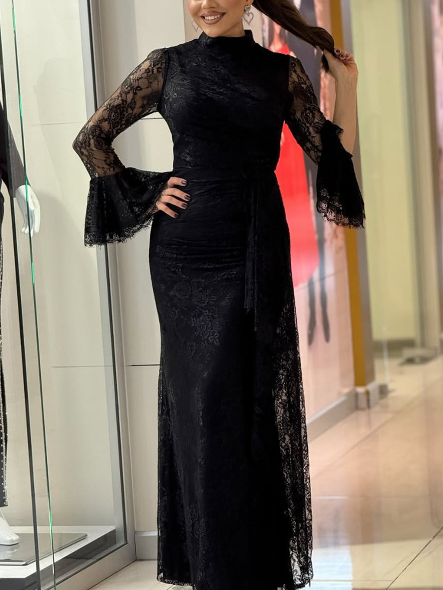 Lace Ruffle Flared Sleeve Maxi Dress