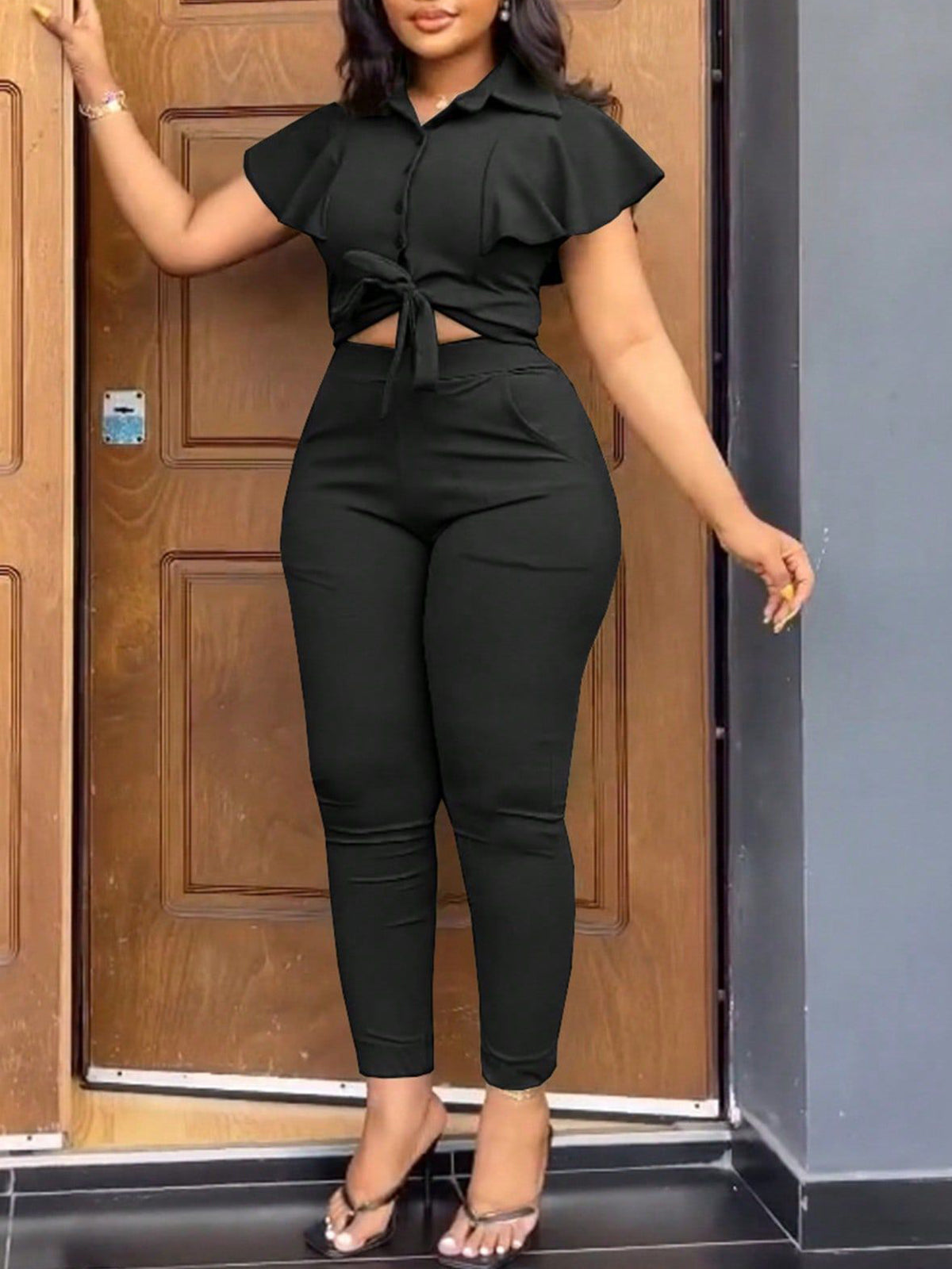 Ruffle Sleeve Top Belted Pants Set