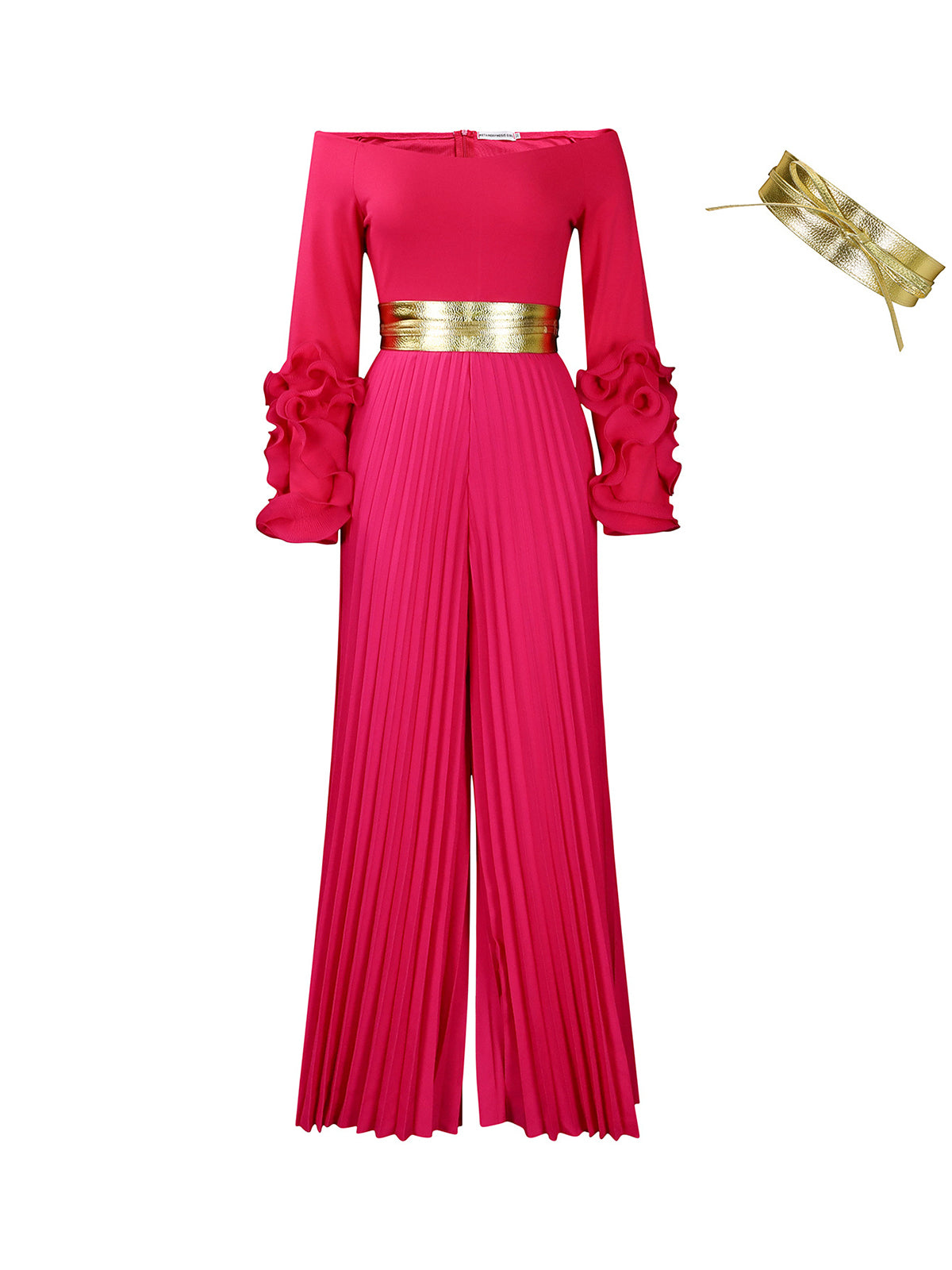 Off-Shoulder Ruffle Pleated Wide Leg Jumpsuit