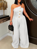 Strapless Button Wide-Leg Jumpsuit