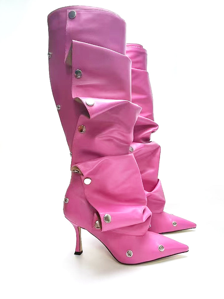 Studded Ruched Stacked Heel Long Boots