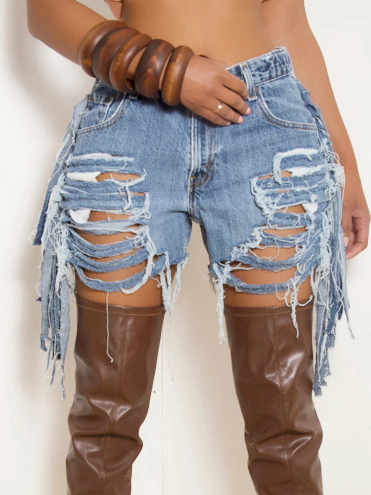 High Waist Distressed Fringe Denim Shorts