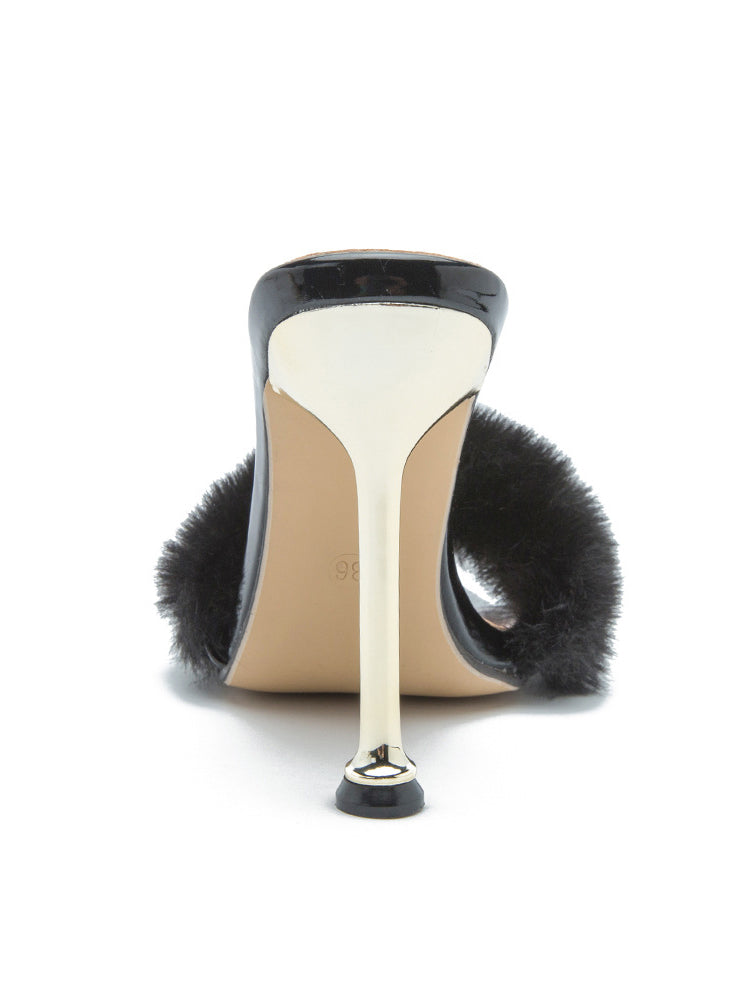 Faux Rabbit Fur Stiletto High Heel Sandals