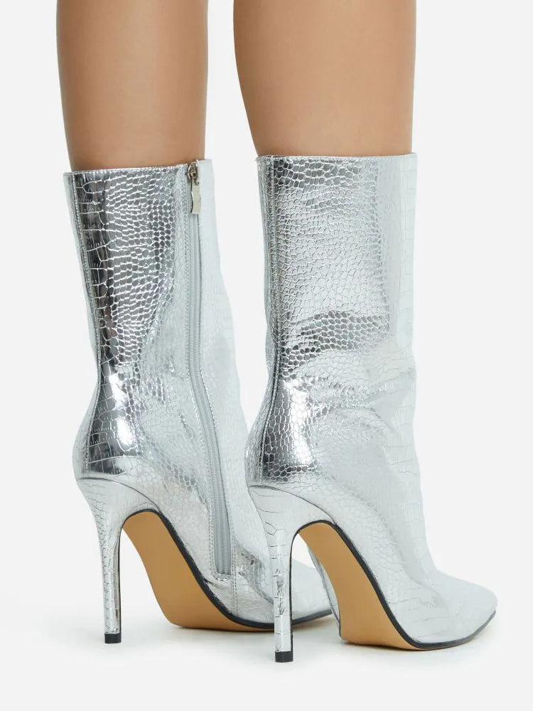 Metallic Pointed Toe Stiletto Ankle Boots