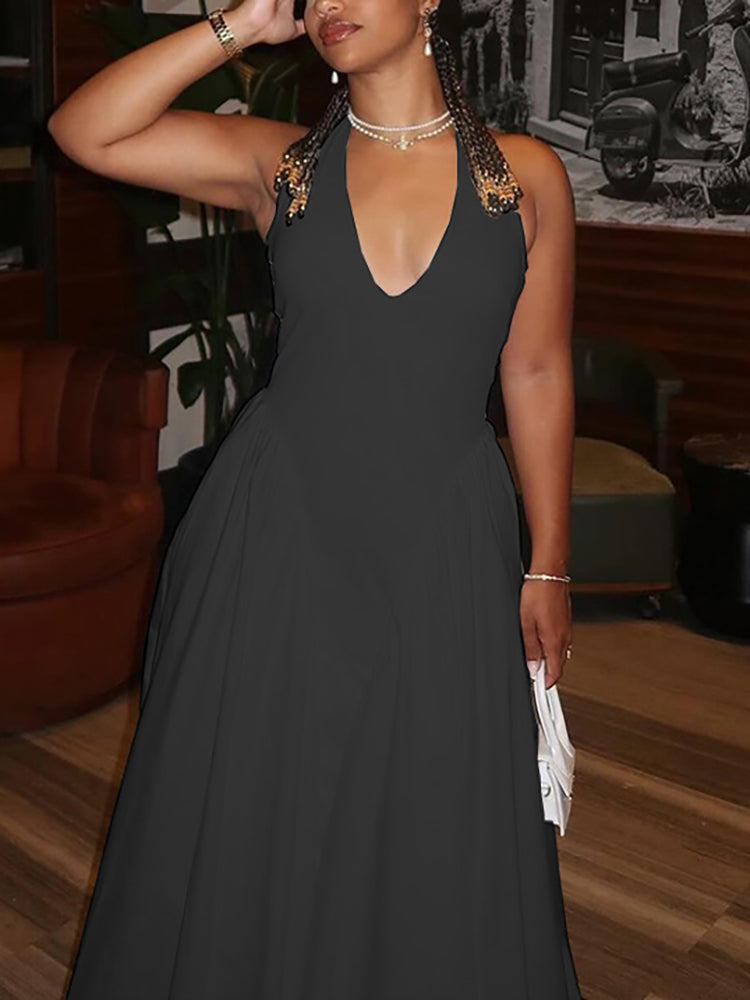 Elegant Halter Neck Solid Color Dress