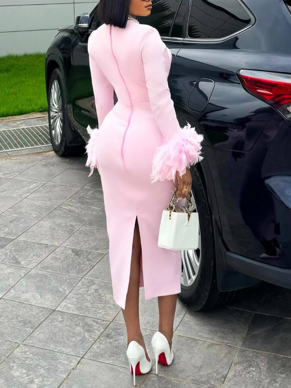 Square Neck Feather Midi Dress