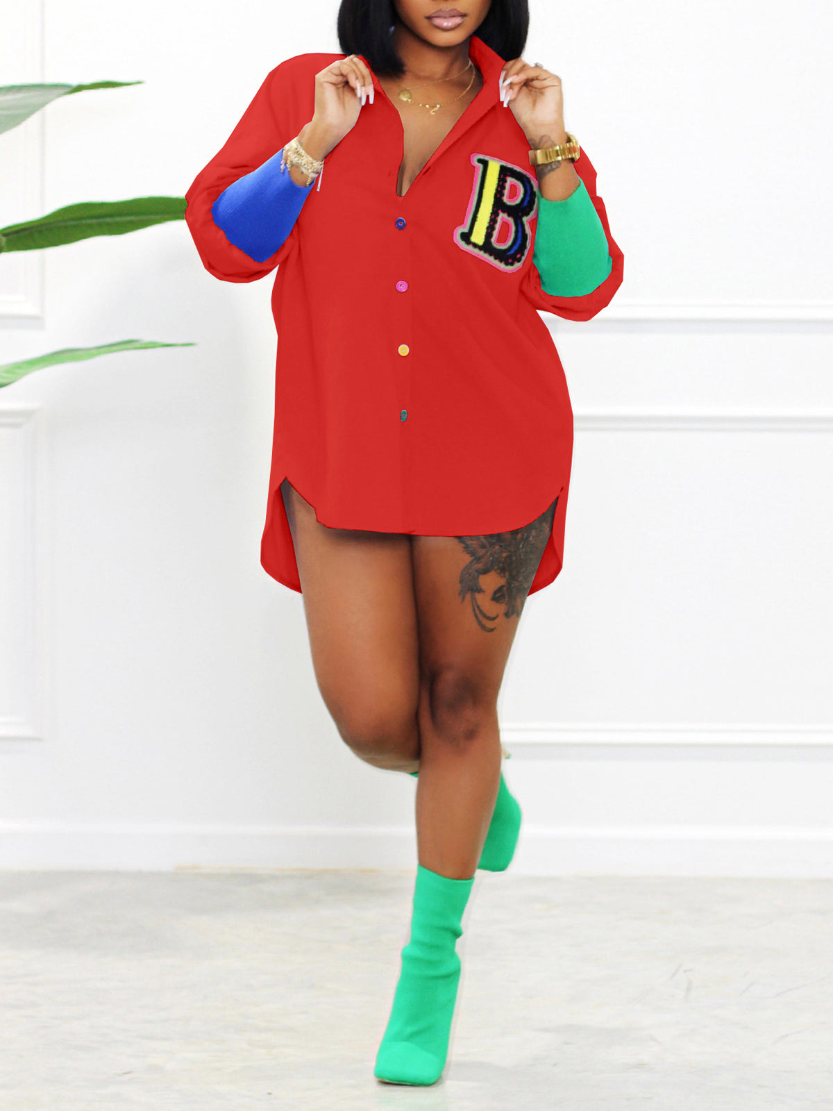 Long Sleeve Patchwork Button Blouse Top