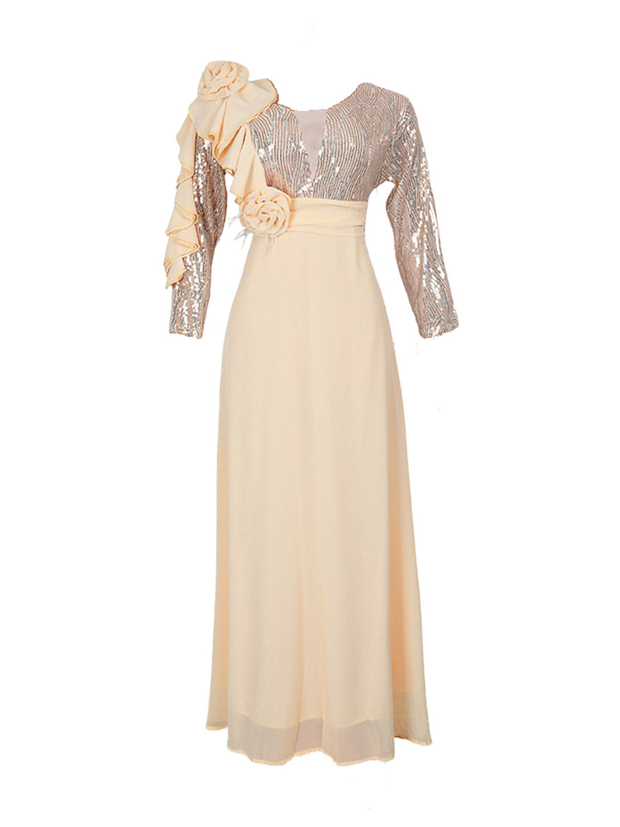 Plus Size Sequin Gown Chiffon Floral Maxi Dress