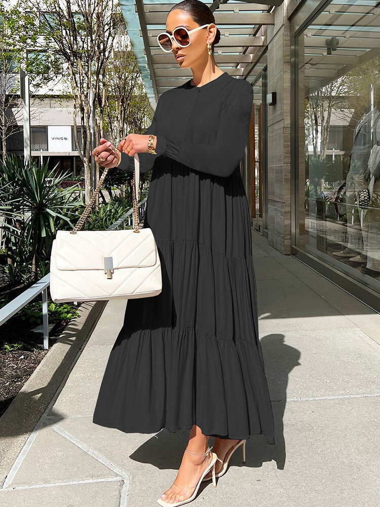 Long Sleeve Solid Ruffle Swing Maxi Dress