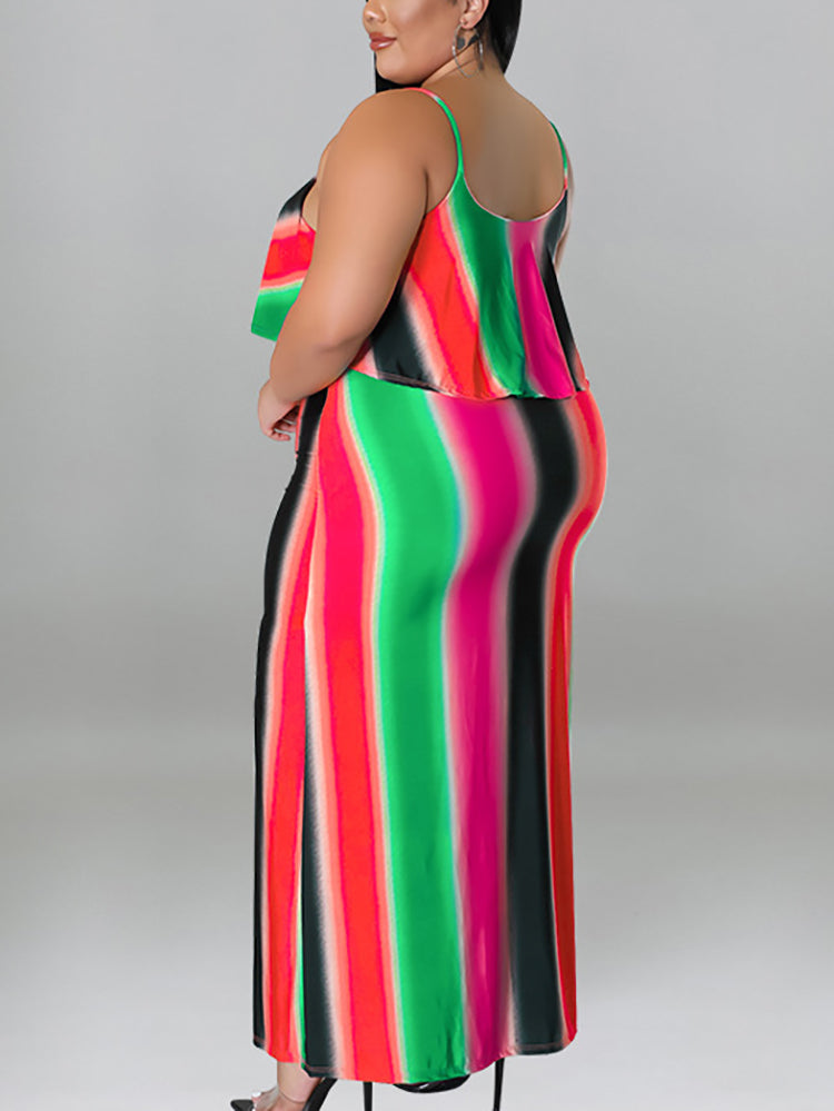 Plus Size Ruffle Strap Rainbow Stripe Print Dress