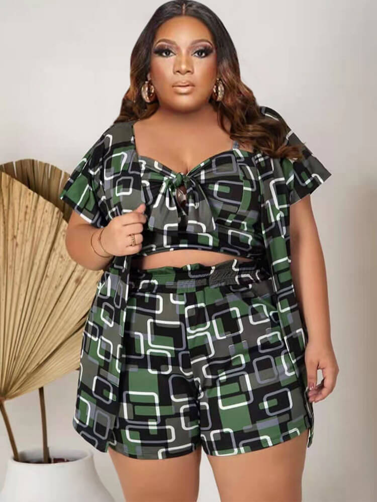 Three Piece Short Sleeve Floral Print shorts Set