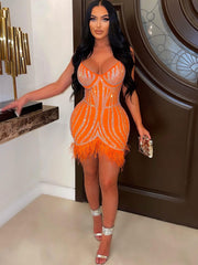 Spaghetti Strap Rhinestone Feather Mini Dress