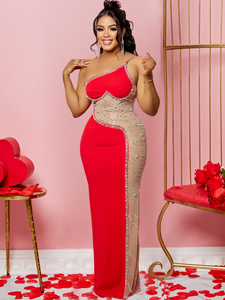 Sleevelesss Rhinestone Mesh Patchwork Maxi Dress