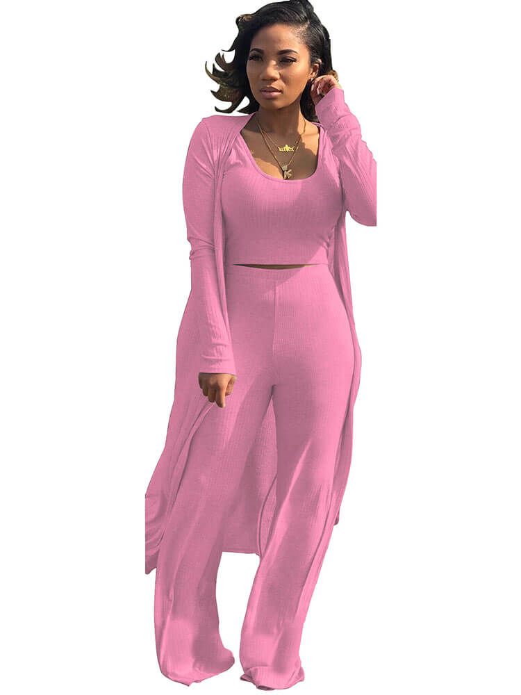 Three Pieces Set Crop Top Long Kimono Cardigan Pants