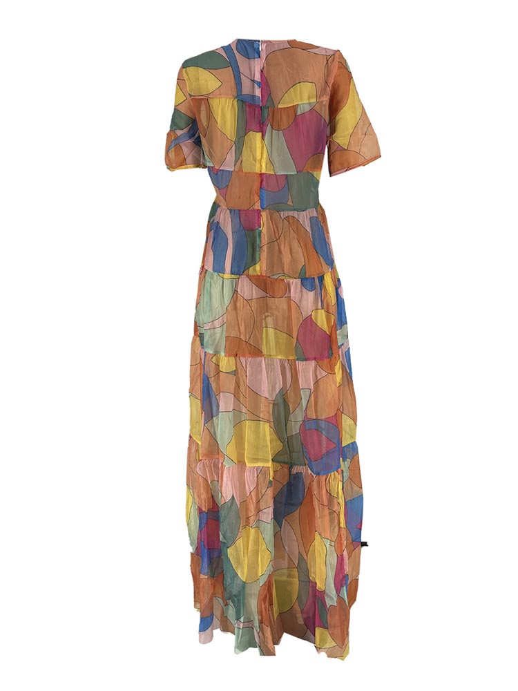 Mesh Short Sleeve Print Flowy Maxi Dress