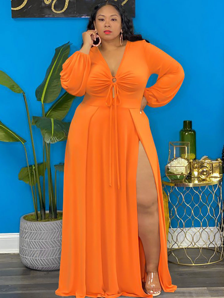 Long Sleeve Lace Up Split Maxi Dress