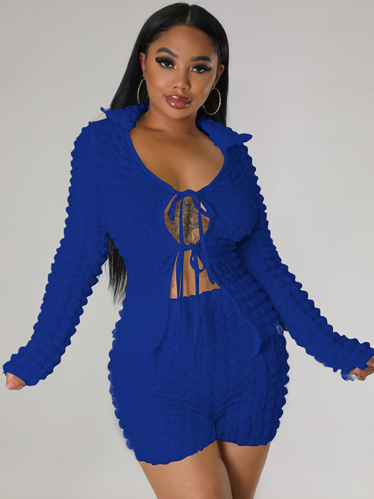 Two Piece Bubble Tie Up Crop Top Shorts