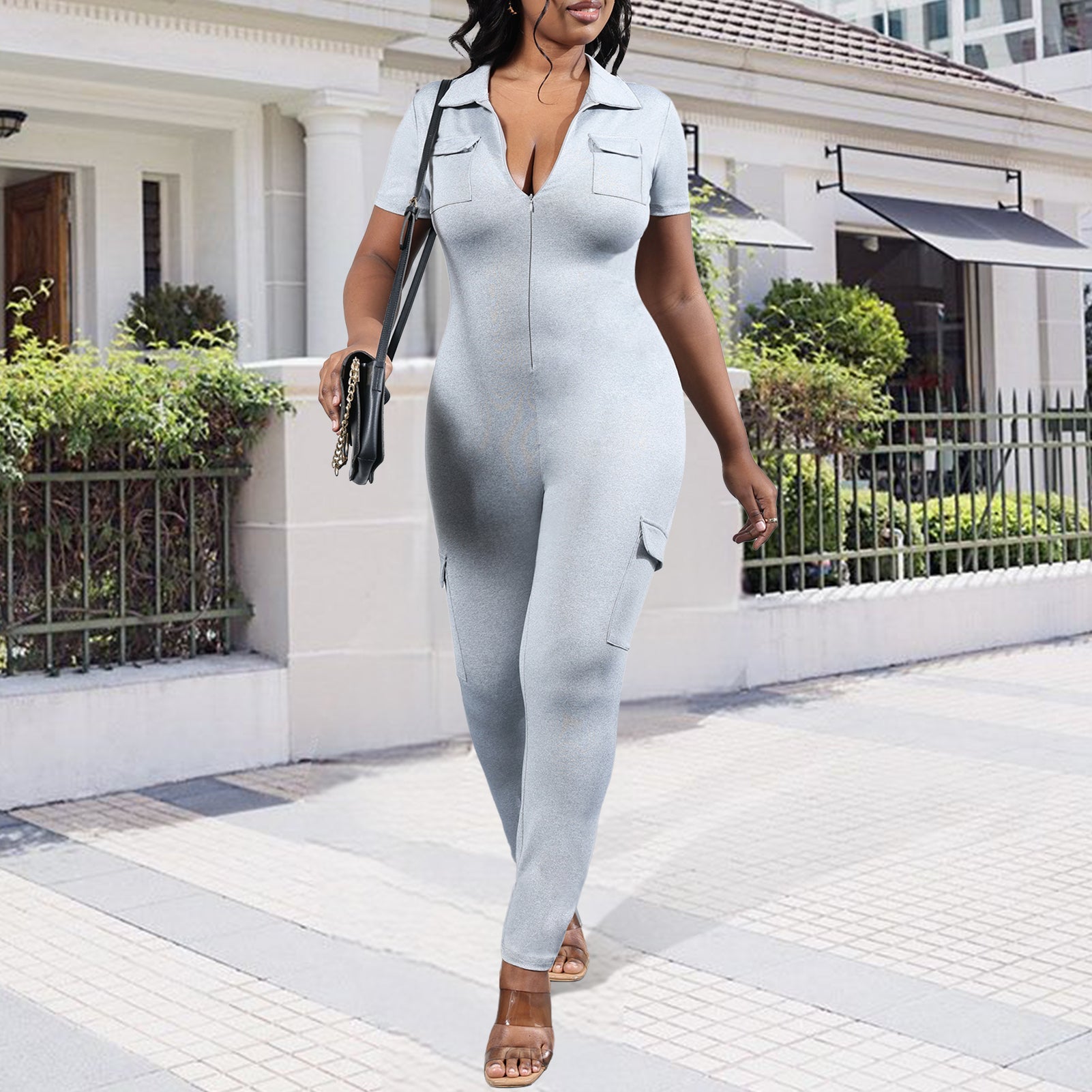 V-Neck Solid Color Bodycon Jumpsuit