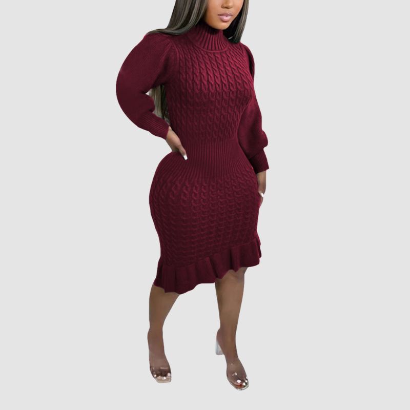 Ruffled Knitted Turtleneck Dress