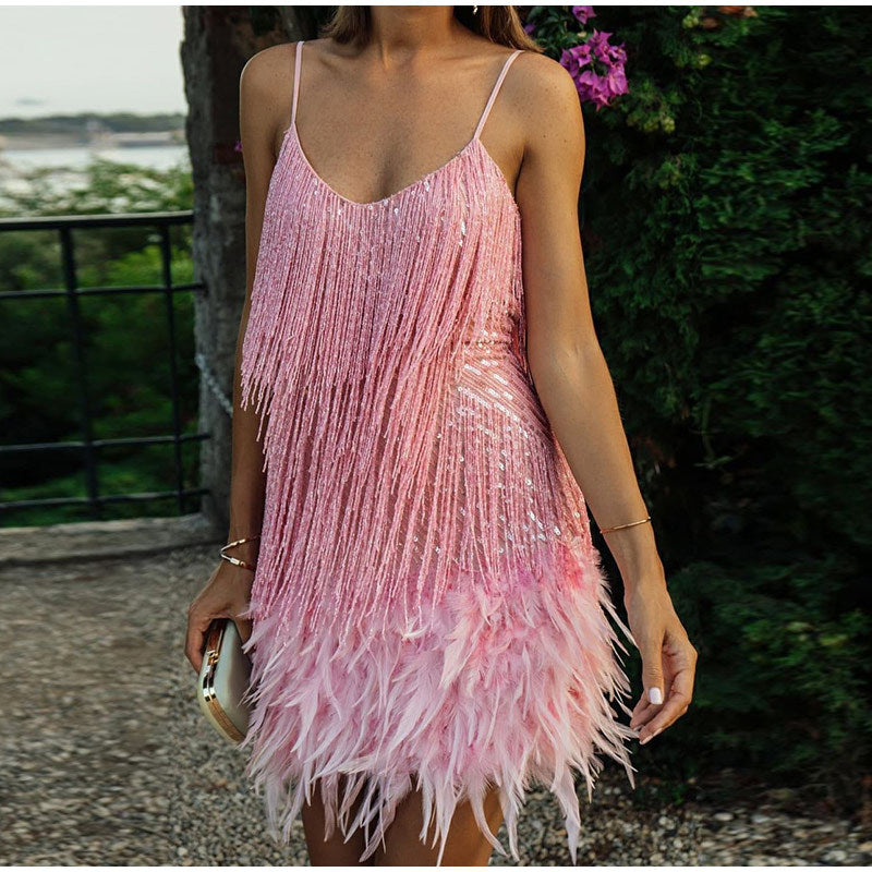 Sleeveless Tassels Sequins Feather Hem Mini Dress