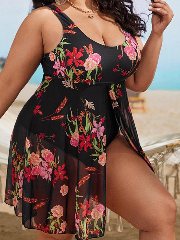 Plus Size Floral Print Mesh Bikini Romper