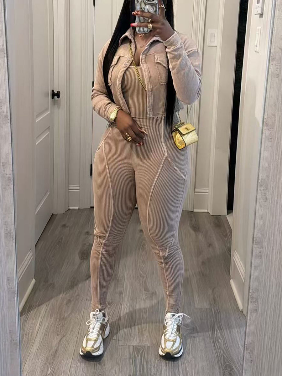 Two Pieces Crop Jacket Jumpsuit Set