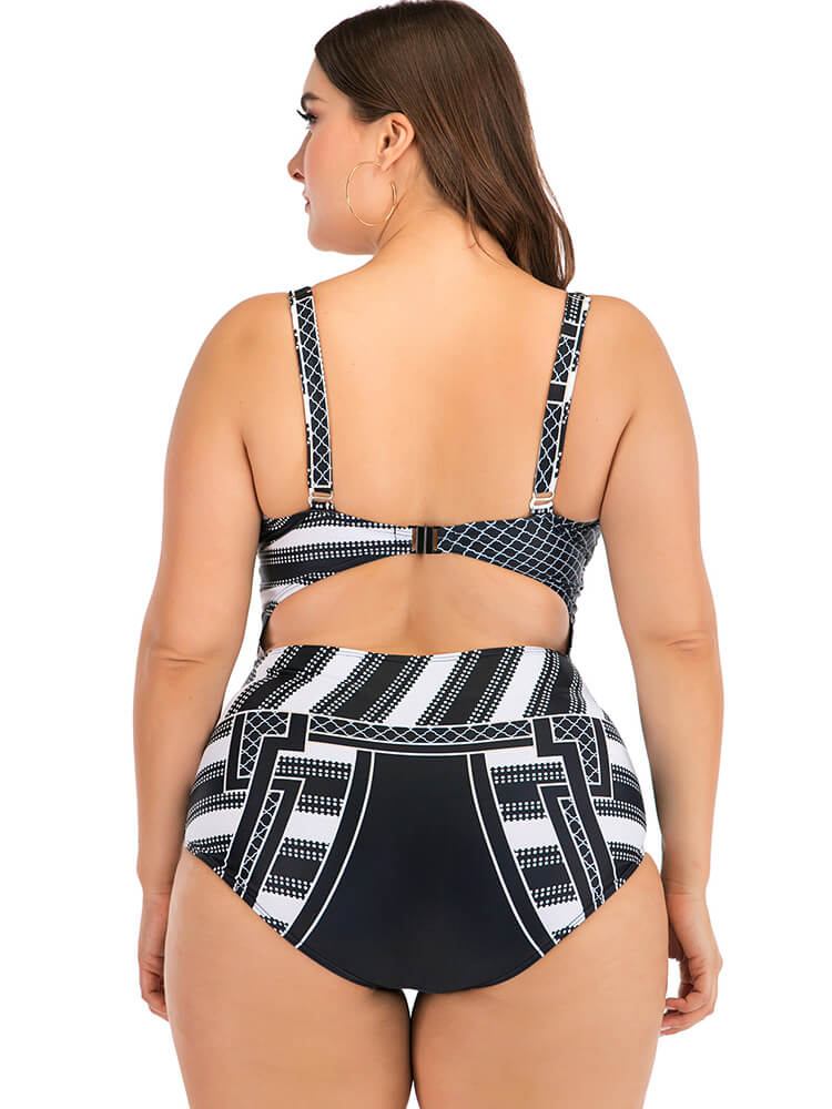 Plus Size One Piece Geometric Cut Out Swimsuit