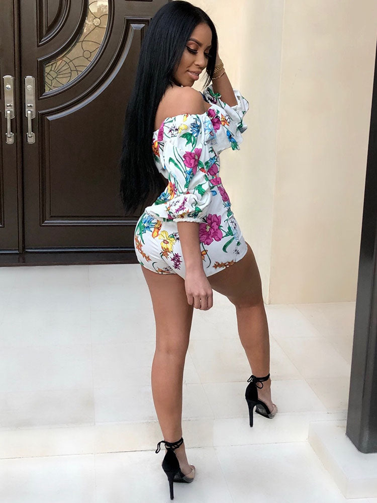 Off Shoulder Floral Print Belted Romper