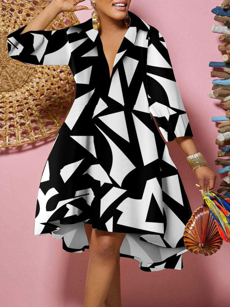 Long Sleeves V Neck Print Midi Dress