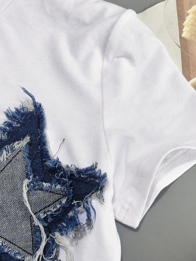 Patchwork Star Cropped Round Neck T-Shirt