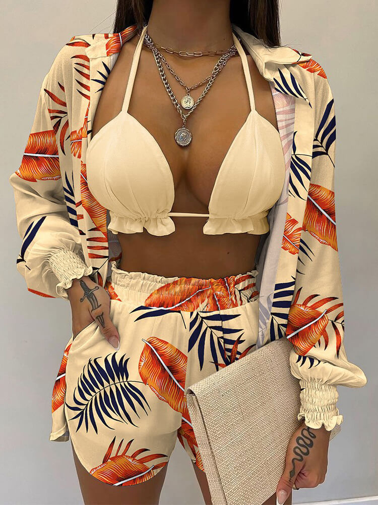 Three Piece Long Sleeve Ruffle Short Set