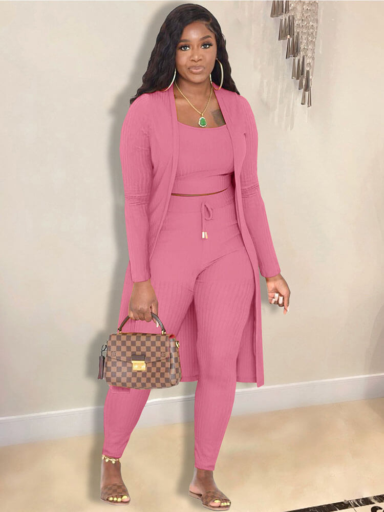 Open Front Cardigan Long Pants Three Piece Outfits