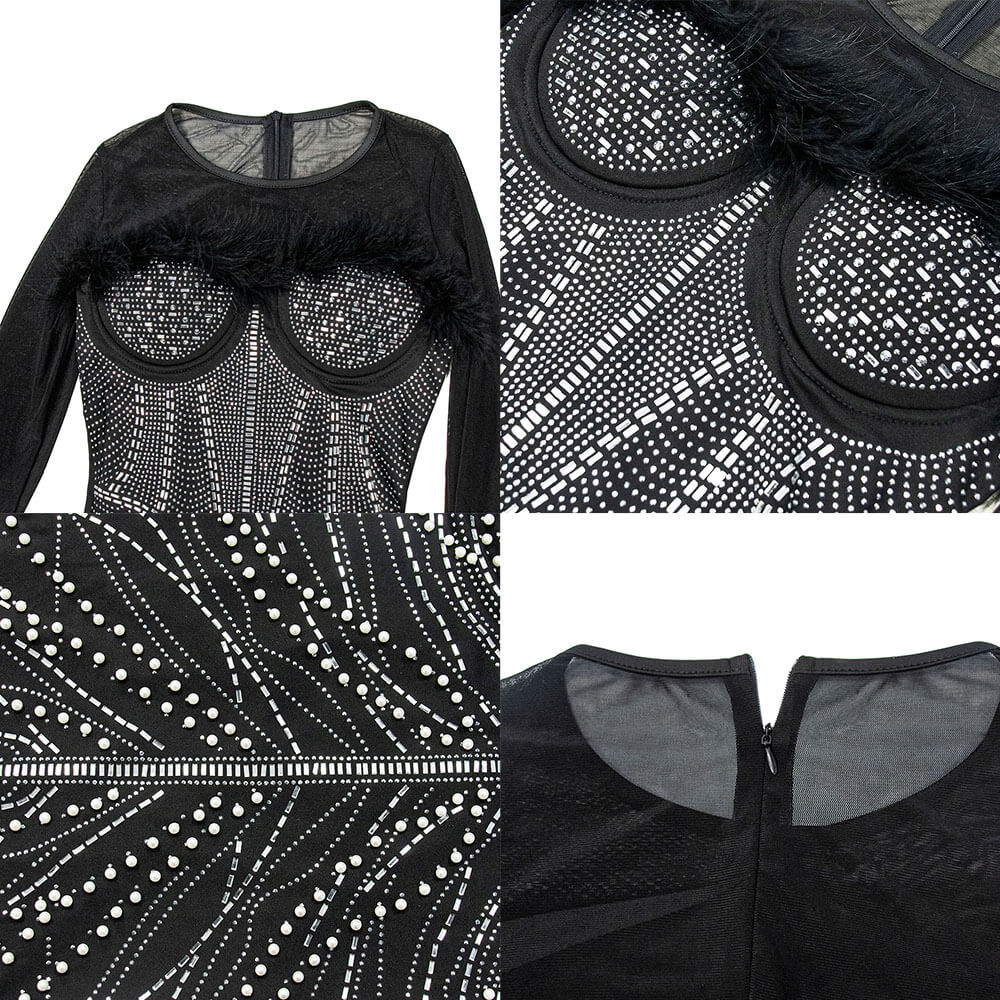 Rhinestone Mesh Patchwork Feather Mini Dress
