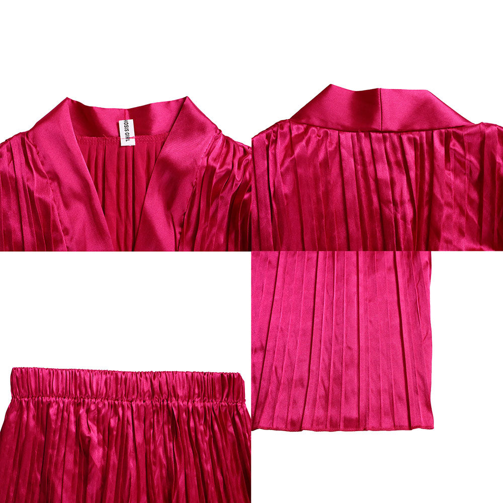 Pleated Long Sleeve Shirt and Pants Set with Belt