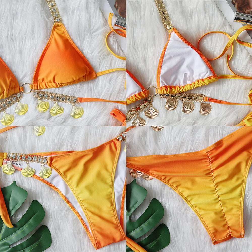 Rhinestone Embellishments Gradient Bikini Set