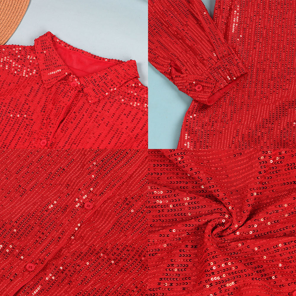 Glitter Sequins Long Sleeve Mini Shirt Dress