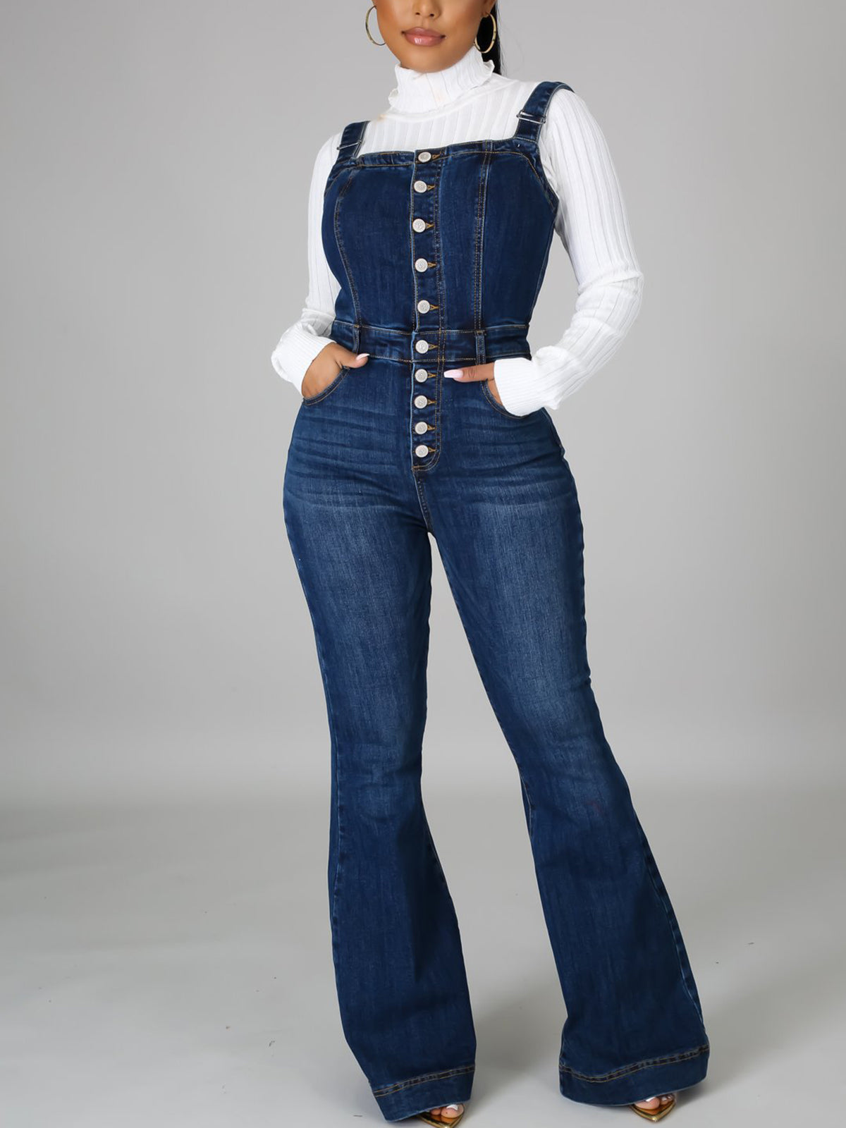 Button-Up Flared Denim Jumpsuit