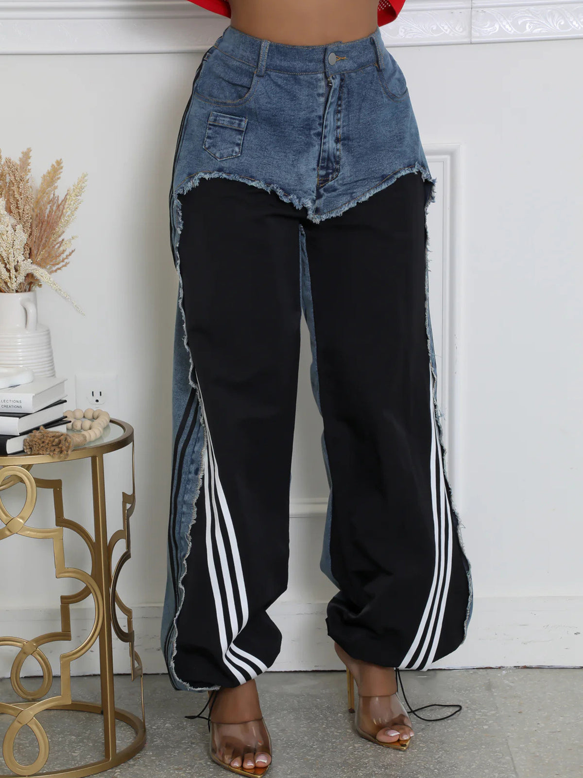 Stripe Patchwork Drawstring Denim Pants