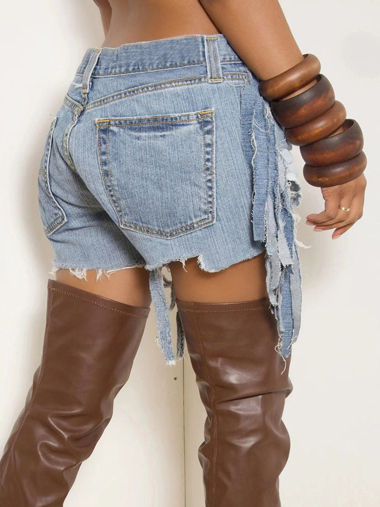 High Waist Distressed Fringe Denim Shorts