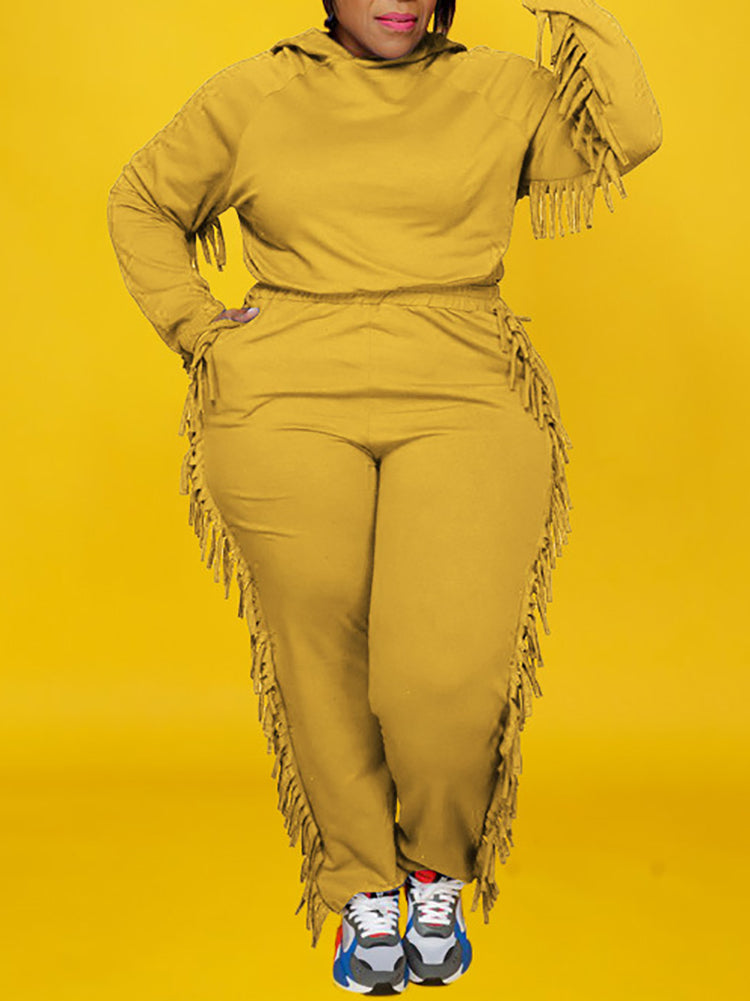 Two Pieces Plus Size Fringe Hooded Tracksuit