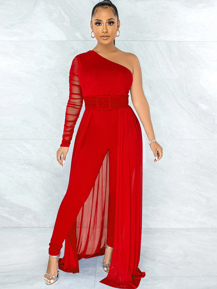 Mesh Patchwork One Shoulder Long Sleeve Jumpsuit
