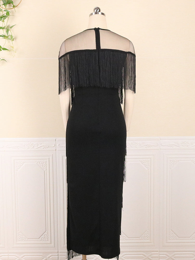 Plus Size Mesh Side Slit Tassel Fringe Dress