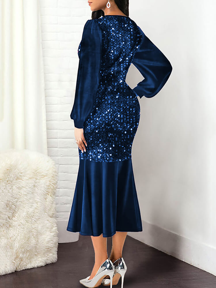 Lantern Sleeve Sequin Patchwork Midi Dress