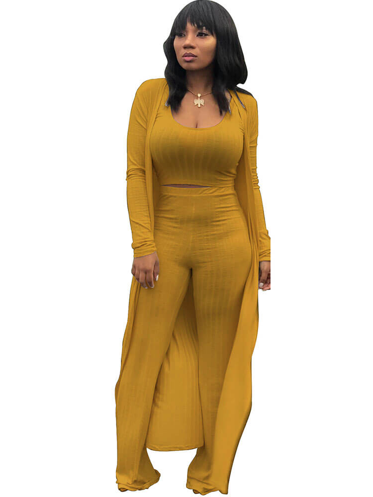 Three Pieces Set Crop Top Long Kimono Cardigan Pants