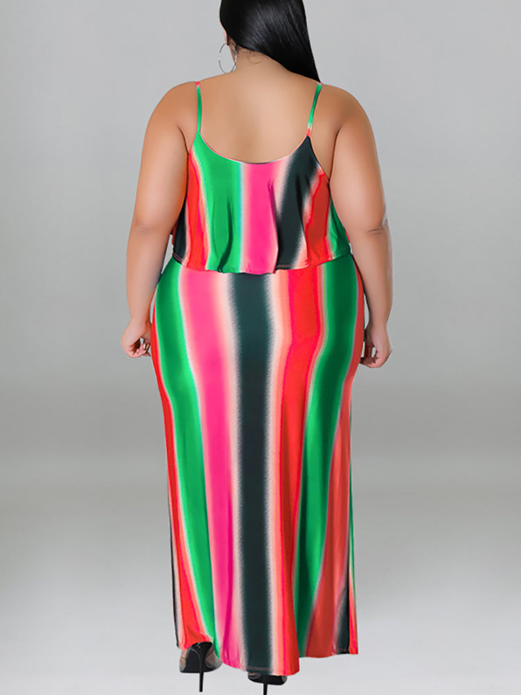 Plus Size Ruffle Strap Rainbow Stripe Print Dress